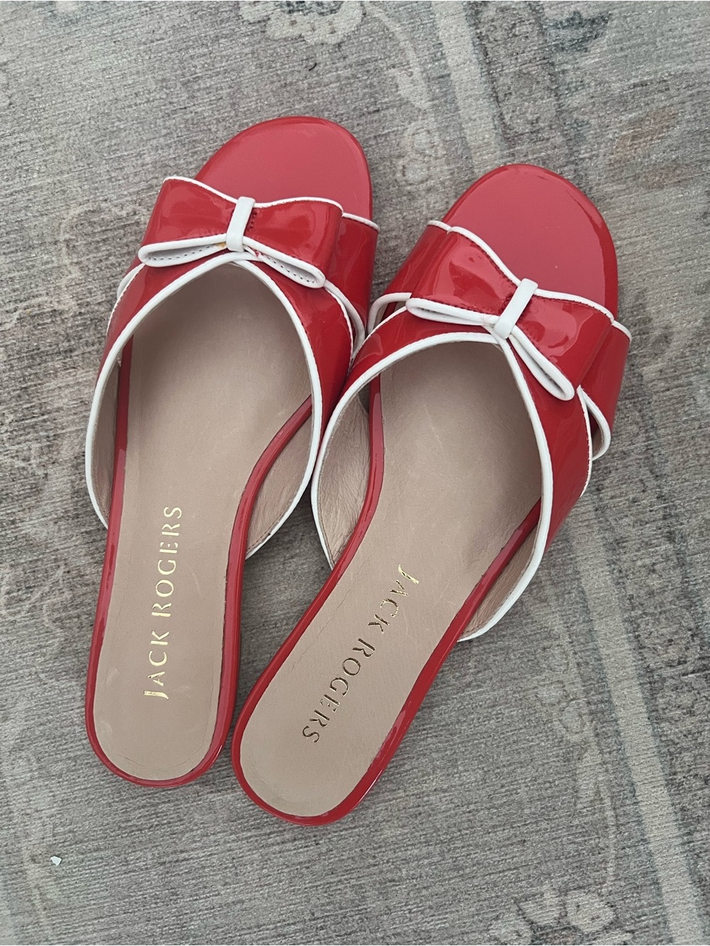 Jack Rogers Red Patent Bow Slide Sandals with White Trim